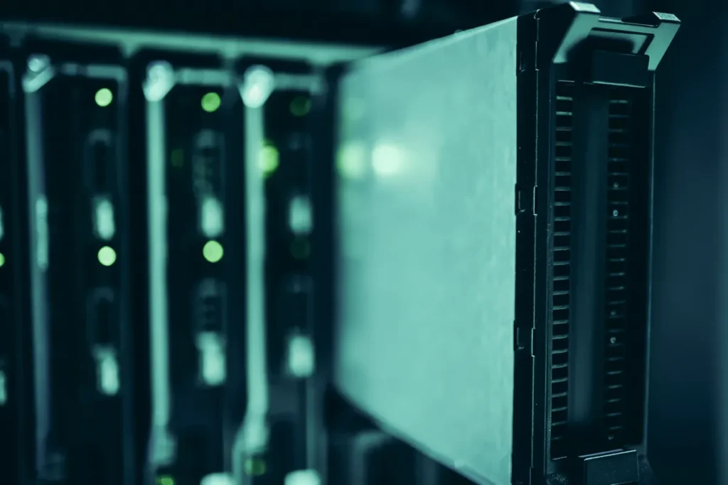 Close-up of server racks in a data center highlighting modern technology infrastructure