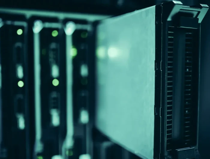 Close-up of server racks in a data center highlighting modern technology infrastructure