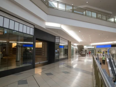 Spacious and contemporary mall interior with closed stores and escalator